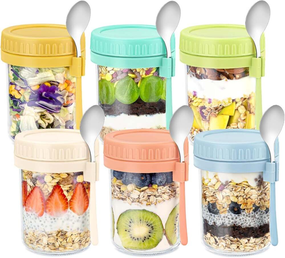 16 Oz Glass Overnight Oats Containers with Lids and Spoon Chia Pudding Jars
